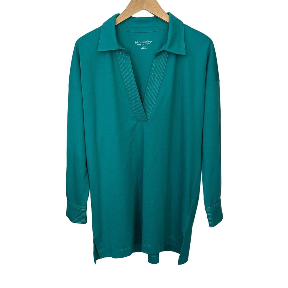 Soft Surroundings Tunic Top Womens Medium Dark Green Popover Oversized V Neck